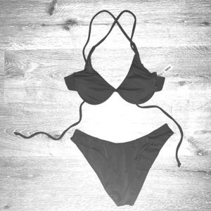 SHEIN Black Underwire Plunging Bikini High Waisted